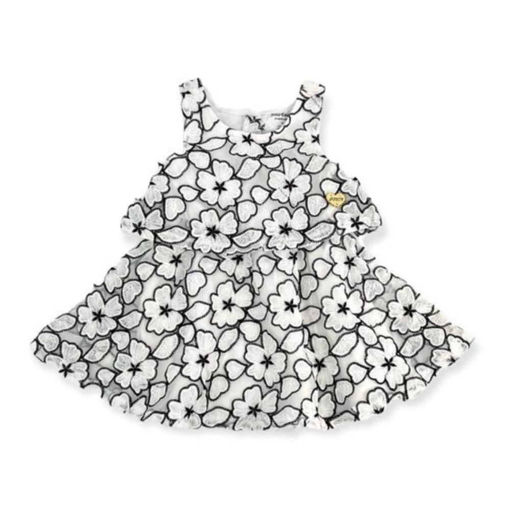 Juice Couture Floral Embroidered Tiered Dress - White | Black | Gold | 4T